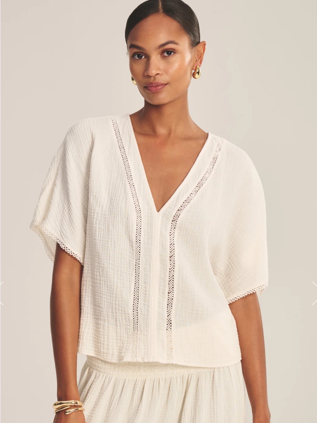 Velvet By Graham & Spencer Ivory Gauze V-Neck Lace-Trim Top